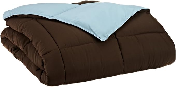 Superior Brushed Microfiber Comforter, Down Alternative Bedding, Medium Weight, Soft Bed Cover, Plush Duvet Insert, Oversized Blanket, Box Quilt, Reversible Comforter, Full/Queen, Choco-Sky Blue