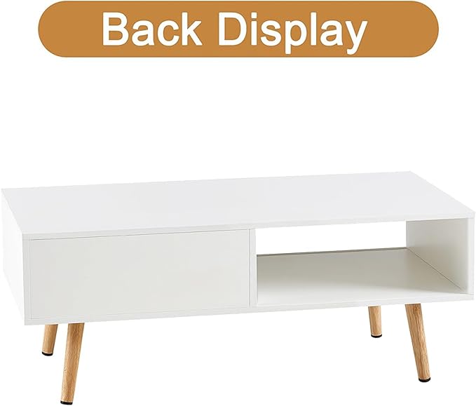 Mid Century Modern Coffee Table with Storage, 41.3 Inch Rectangle Wooden Accent Center Sofa Table with Sliding PE Rattan Woven Door Panel and Solid Wood Legs, Suitable for Living Room, Apartment