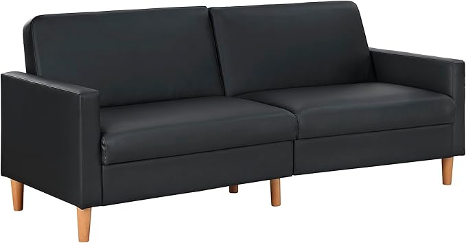 Lexicon 79"W Convertible Futon Sofa Bed, Loveseat, Faux Leather Upholstered Couch Sleeper, Adjustable Backrests, Padded Pocket Coil, Solid Wood Legs for Living Room, Bedroom, Apartment, Office, Black