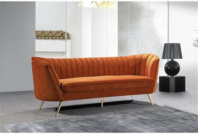 Meridian Furniture Margo Collection Modern | Contemporary Velvet Upholstered Sofa with Deep Channel Tufting and Rich Gold Stainless Steel Legs, Cognac, 88" W x 30" D x 33" H