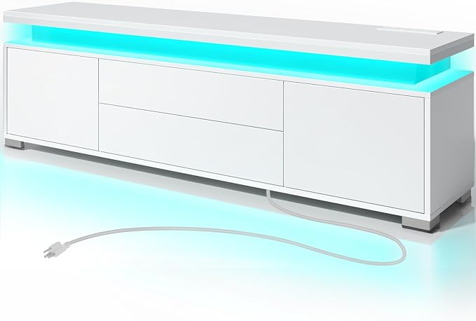 Rolanstar TV Stand with LED Lights & Power Outlet, Modern Entertainment Center for 32/43/50/55/65 Inchs TVs, Table, Universal Gaming Media Stand Storage Cabinet and Large Storage, White by Rolanstar