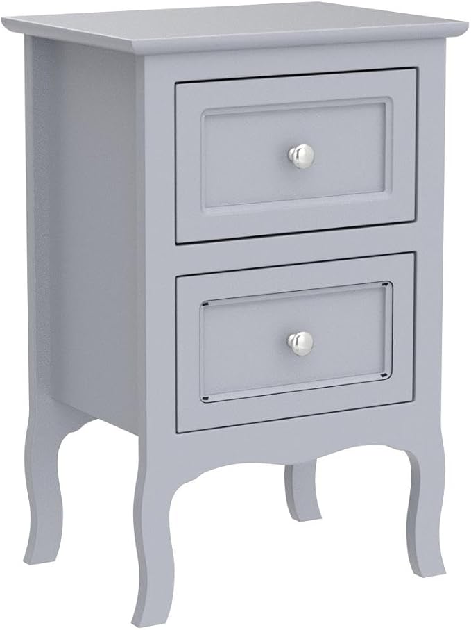 Karl home Grey Nightstand Set of 2 for Bedroom, Vintage Small Night Stand with Drawers, Farmhouse Side Table, Wooden End Tables with Curved Legs for Office, Mid-Century - Image 5