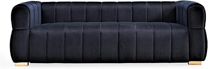 Art Deco Velvet Sofa with Tufted Low Back Design, Sophisticated 3 Seater Couch for Living Rooms, 89 Inch Wide, Easy Assembly, Black