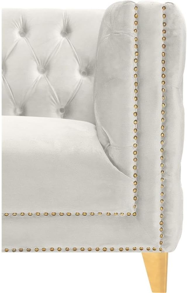 Meridian Furniture 652Cream-L Michelle Collection Modern | Contemporary Loveseat with Deep Button Tufting, Gold Nailhead Trim and Sturdy Gold Iron Legs, Cream Velvet, 66" W x 34" D x 30" H