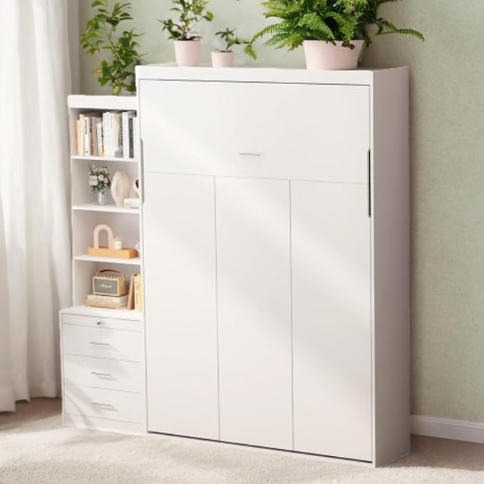 Full Size Murphy Bed Cabinet with Shelf and Drawers, Plywood Hidden Beds,Wall Bedframe for Bedroom,Space-Saving, Noise Free, White