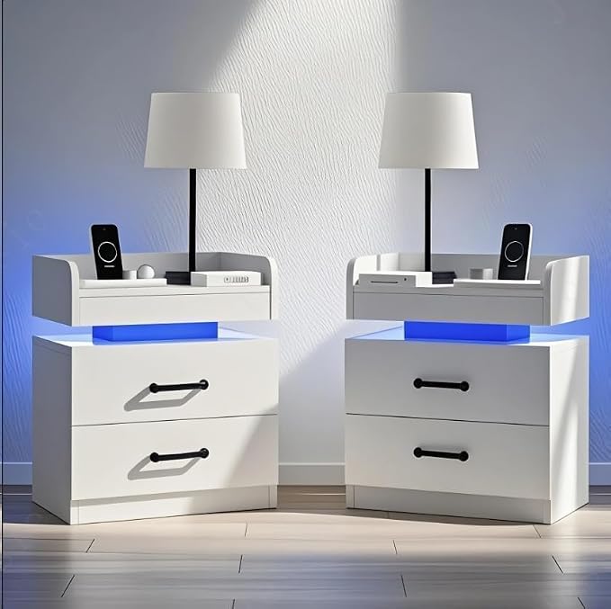 4ever2buy White Nightstand Set of 2 with Charging Station and LED Lights Modern Bedside Tables with 2 Drawers End Table for Bedroom by 4ever2buy