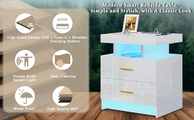 HNEBC Auto LED Nightstands Set of 2,Modern Bedside Table with USB Ports & Wireless Charging Station,High Gloss Bedside Tables with 2 Drawers,Nightstands for Bedrooms/Living Room (White) - Image 6