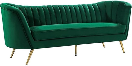 Meridian Furniture Margo Collection Modern | Contemporary Velvet Upholstered Sofa with Deep Channel Tufting and Rich Gold Stainless Steel Legs, Green, 88" W x 30" D x 33" H