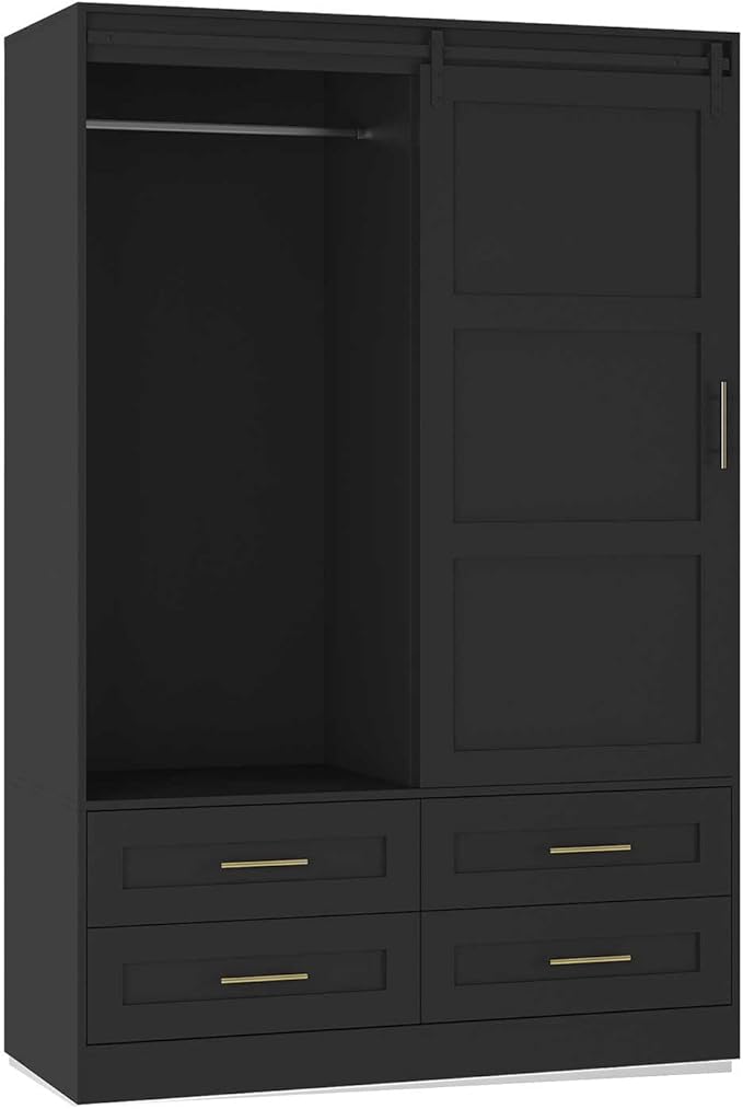 Armoire Wardrobe Closet with Sliding barn Door，Wardrobe Cabinet with 4 Storage Drawers and Hanging Rail,Freestanding Wooden Closet for Bedroom (Black)