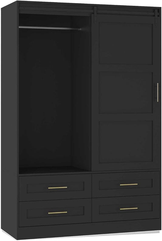 Armoire Wardrobe Closet with Sliding barn Door，Wardrobe Cabinet with 4 Storage Drawers and Hanging Rail,Freestanding Wooden Closet for Bedroom (Black)