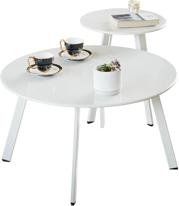 Meluvici Outdoor Patio Coffee Table Set of 2, Weather Resistant End Table, Round Nesting Tables for Living Room Balcony Office, White by Meluvici
