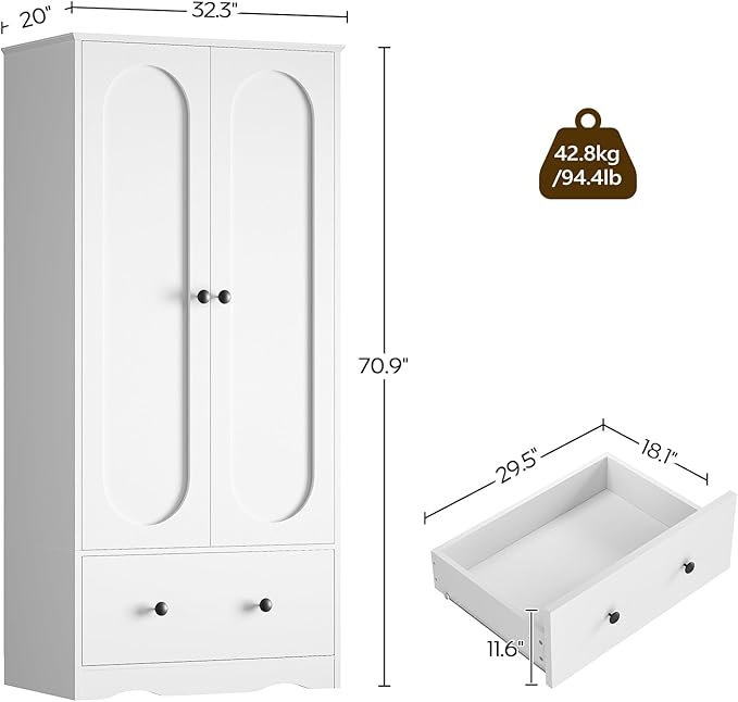 YATINEY Armoire Wardrobe Closet with Light Strip, 70.9" H Wooden Bedroom Armoire with 2 Doors, Drawer and Hanging Rail, Clothing Storage Cabinet for Bedroom, White