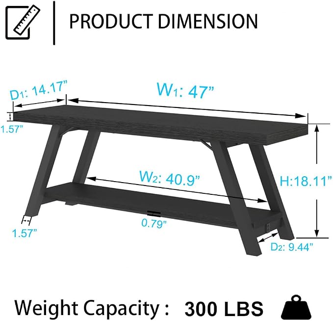 LVB Black Bench, Modern Storage Bench for Bedroom, Wood Metal Entryway Bench for Hallway Dining Living Room, Famrhouse Shoe Rack Indoor Accent Seating Benchs for Foyer Entrance, Black Oak 47 Inch Long - Image 2