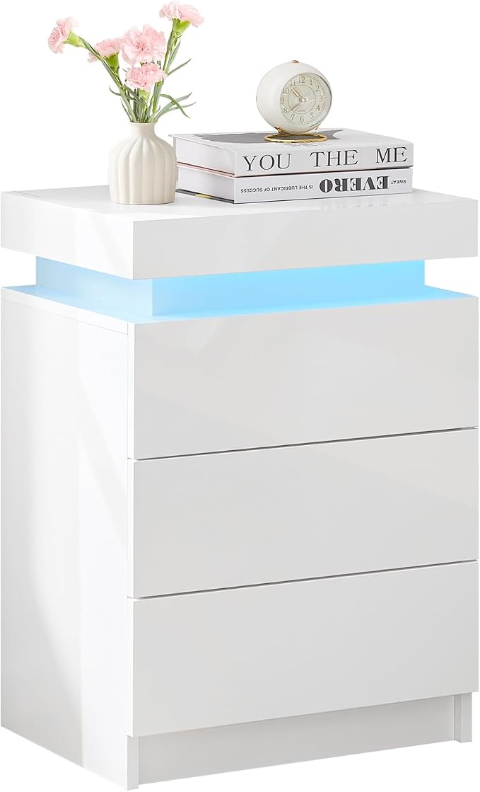 TUKAILAi Modern Nightstand with LED Light, Smart Bedside Table with 3 Drawers and Flip Top Storage Cabinet, High Gloss Side Table End Table for Bedroom (White) by TUKAILAi