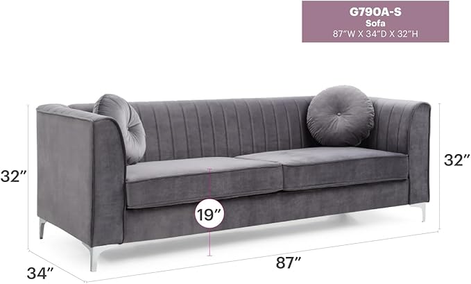 Glory Furniture Delray Velvet Upholstered Sofa in Gray/Chrome Legs