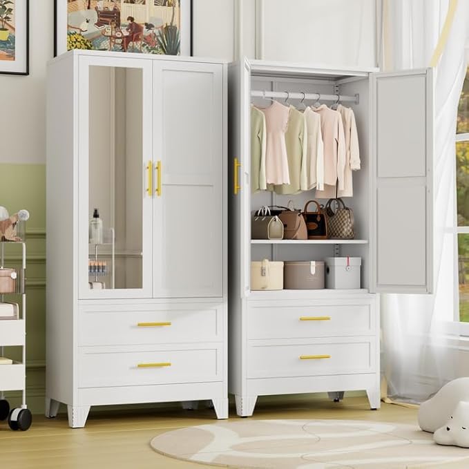 Metal Armoire Wardrobe Closet Storage Cabinet with 2 Doors White, 71'' Wardrobe with Hanging Rod Metal Closet with Adjustable Shelf and 2 Drawers, Freestanding Storage Cabinet for Bedroom