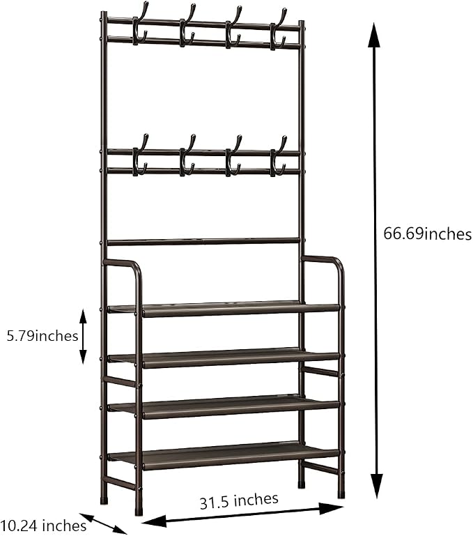 4 Tier Coat and Shoe Rack Entryway Coat Rack with 8 Hooks Shoes Organizer for Living Room Bedroom Office Brown - Image 6