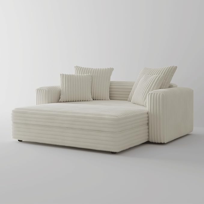 Acanva Oversized Cozy Chaise Lounge Chair Indoor with Removable Ottoman, Modern Upholstered Fluffy Sleeper Sofa Bed, Comfy Reclining Couch for Living Room, Bedroom, White