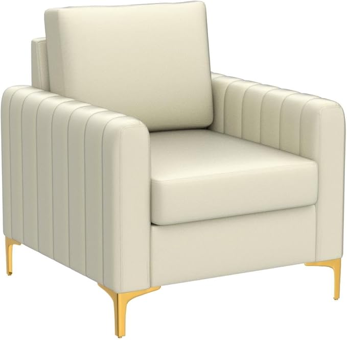 HULALA HOME Velvet Accent Club Chair, Modern Velvet Armchair Upholstered Accent Club Sofa Chair with Gold Metal Legs Mid-Century Barrel Leisure Comfy Reading Armchair, Ivory