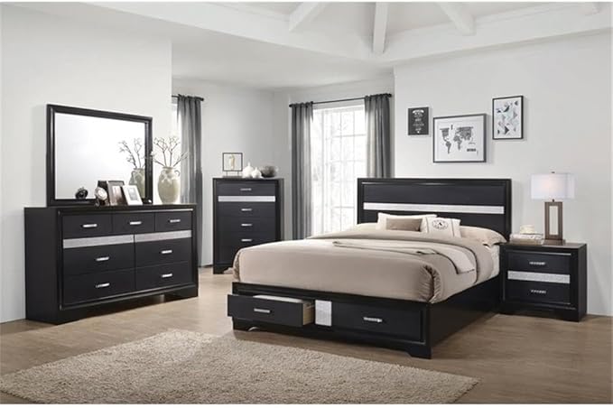 Maklaine 5-Piece Queen Platform Storage Bedroom Set, Solid Asian Hardwood, Black Finish, Bed with Footboard Storage, Nightstand, Dresser, Mirror, Chest, Contemporary Glam Style, Hidden Jewelry Drawers