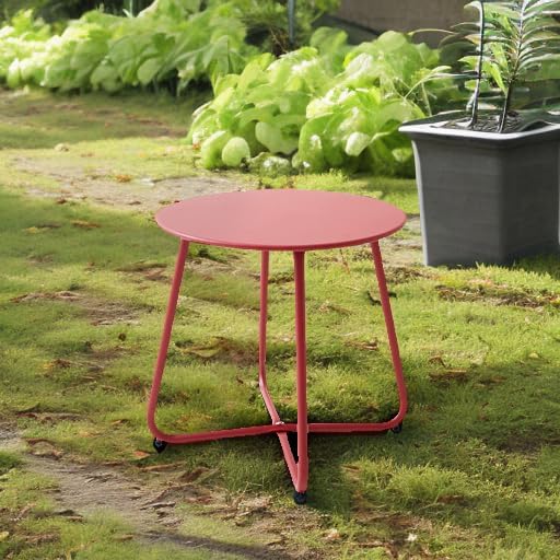 Meluvici Patio Small Side Table Waterproof Round Metal Steel Weather Resistant Portable Outdoor and Indoor End Table for Garden Balcony Yard, Red - Image 6