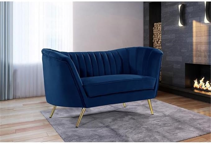 Meridian Furniture Margo Collection Modern | Contemporary Velvet Upholstered Loveseat with Deep Channel Tufting and Rich Gold Stainless Steel Legs, Navy, 65" W x 30" D x 33" H