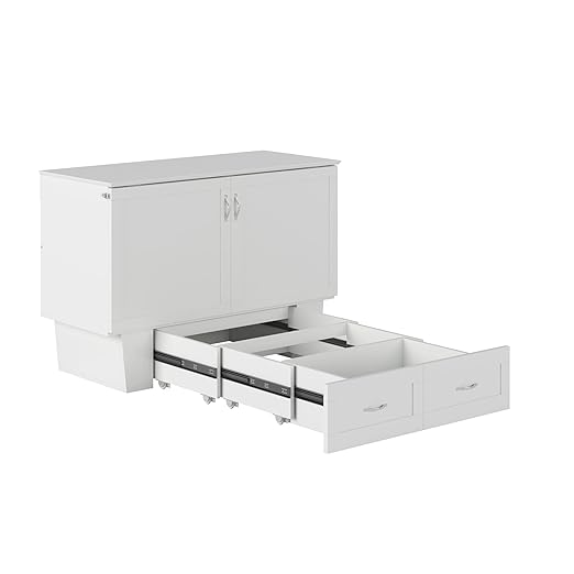 AFI, Chelsea Mid-Century Modern Full Wood Murphy Bed Chest with 6" Mattress, Storage Drawer & Built-in USB Charger, White