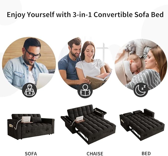 Convertible Sofa Bed, 5-in-1 Pull Out Couch with Side Table, Loveseat Sleeper Sofas Bed Couch with USB Port, 65‘’ Velvet Pull Out Sofa Beds for Living Room, Bedroom, Apartment