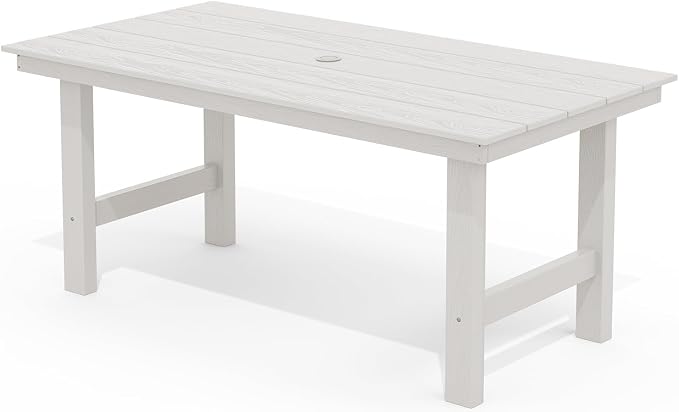 SERWALL HDPE Outdoor Dining Table for 6, 67" Rectangle Patio Dining Table with Umbrella Hole, White by SERWALL