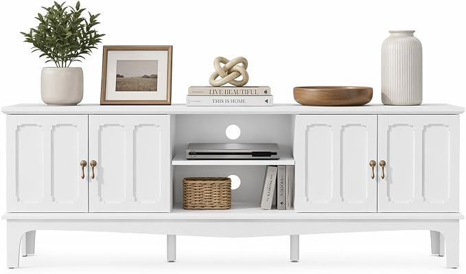 ARTPOWER 67“ Vintage TV Stand for TVs up to 75”, Modern Entertainment Center with Door Cabinets and Open Shelves, Media Console with Storage, White TV Credenza for Living Room, Bedroom by PowerofArtBetterforLife