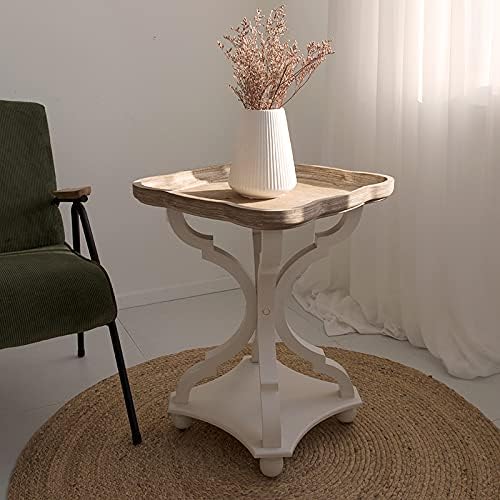 COZAYH Set of 2 Farmhouse Cottagecore End Tables, Rustic Wood Tray Top Square Accent Table with White Curved Legs for Family Room, Living Room, or Small Spaces