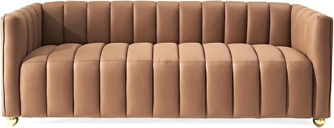 Direct Glam Fabric Upholstered Solid Wood Frame 82.7" Art Deco Sofa for Living Room, Office, Sophisticated 3 Seater Couch, Brown