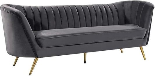 Meridian Furniture Margo Collection Modern | Contemporary Velvet Upholstered Sofa with Deep Channel Tufting and Rich Gold Stainless Steel Legs, Grey, 88" W x 30" D x 33" H