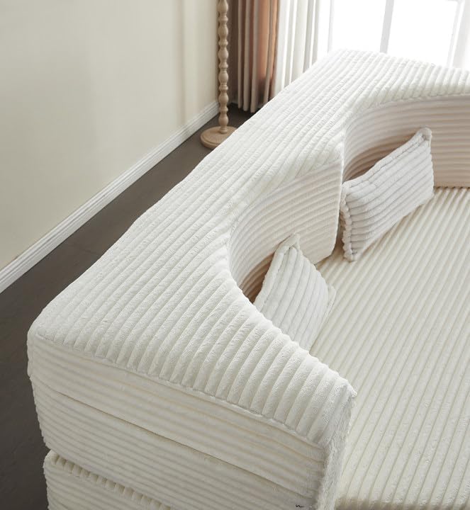 KEIKI Corduroy Floor Sofa Convertible Couch, 15" Full Size Foam Folding Mattress Sleeping Sofa, Lounge Floor Couch Hidabed Sleeper Bed with 2 Pillows, Beige