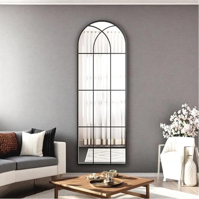 Rowjut Black Arched Wall Mirror 56“ x 22”,Wall Decorative & Window Mirror with Iron Framed Window Pane Inspiration, Ideal for Foyer, Living Room, Bedroom & Fireplace to Create a Cozy Home! - Image 2