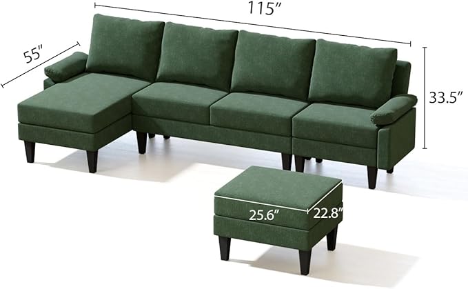 Modern L-Shaped Sectional Sofa with Storage Ottoman, Apartment Sectional Couch with Left Facing Chaise, 3-Piece Living Room Sofa Set, 115 Inch Furniture, Green