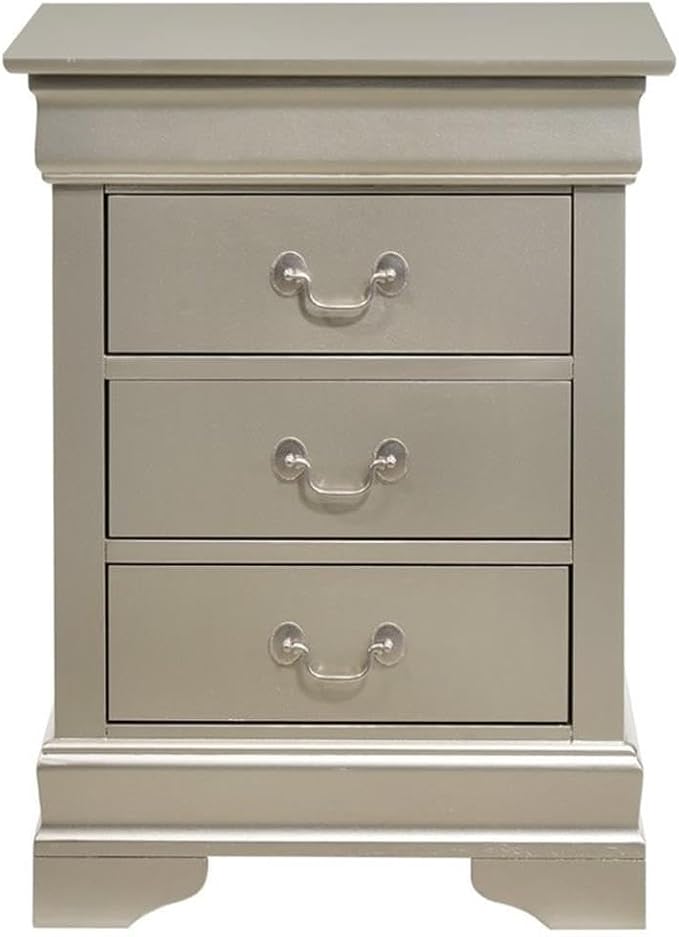 MAKLAINE Contemporary 3 Drawer Nightstand, 29 in H x 21 in W x 16 in D, Wood Veneer Finish, Silver Champagne, Dovetailed Drawers, Fully Assembled, Modern Bedroom Storage Furniture - Image 3