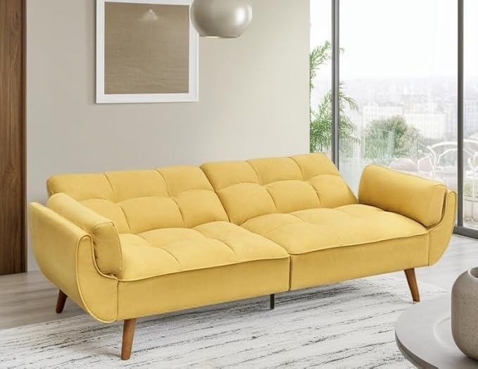 Convertible Futon Sofa Bed, Modern Futon Couch with 2 Pillows, Small Futons Couch with Adjustable Armrest & Backrest, Loveseat Sofa Bed for Living Room, Bedroom, Yellow