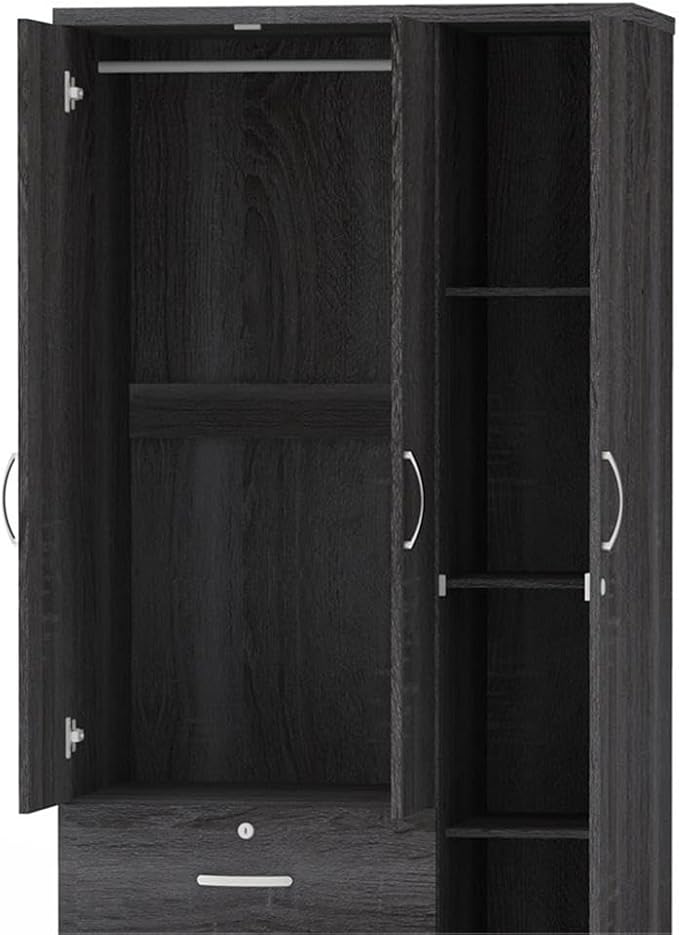 Pemberly Row Modern 2 Drawer Wooden Wardrobe Armoire Closet, Gray Finish, Engineered Wood, 72” H x 36” W x 20” D, Hanging Rod, Shelves, Lockable Drawer, Sleek Bedroom Storage Unit