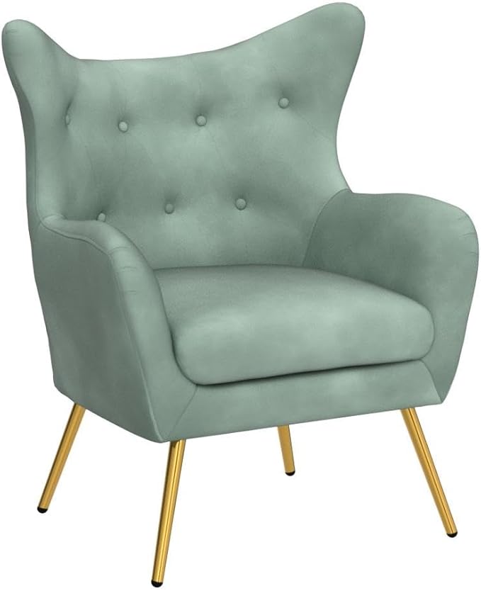 HULALA HOME Velvet Accent Chair Set of 2, Modern Wingback Arm Chair with Metal Gold Legs, Velvet Tufted Upholstered Single Sofa(SAGE)