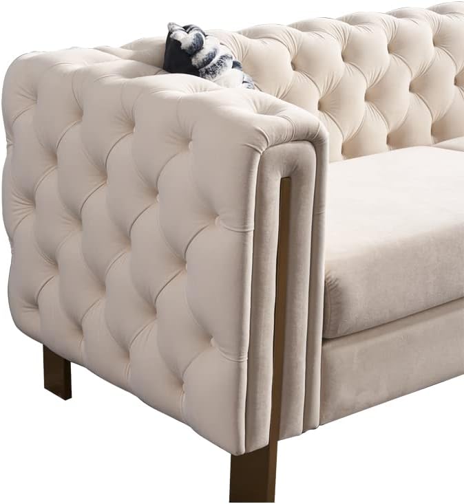 KEIKI 84" Chesterfield Velvet Tufted Button Sofa with Removable Cushions and 2 Toss Pillows, Modern 3-Seater Couch with 4 Gold Metal Leg, Easy Assembly, for Living Room, Bedroom, Apartment, Cream