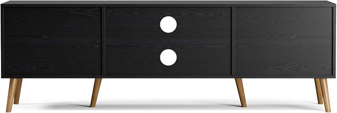 ZttRiee TV Stand for TVs up to 65'', Entertainment Center with Rattan Door, Shelves & 2 Cabinets, Boho Media TV Console for Living Room, Bedroom, Black - Image 6