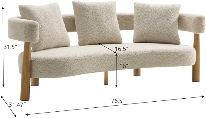 Christopher Knight Home Yulez Curved 3-Seater Sofa Couch with 3 Accent Pillows, Boucle Fabric Upholstered Lounge Seating, 76.5'' Home Office Bedroom Sofa Chair, Comfy Wooden Frame Sofa, Sesame Beige
