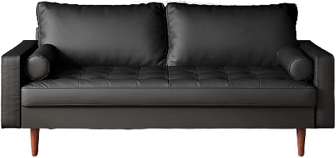 Womble Mid Century Modern Couch with Bolster Pillows, PU Leather Upholstered Tufted Seat, Versatile Retro Design for Comfortable Living Spaces, Sofa, Midnight Black