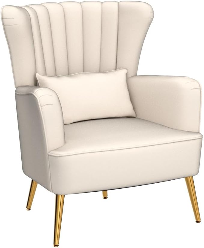 Modern Accent Chairs Set of 2, Comfy Wingback Armchair with Pillow Upholstered Sofa Chair Reading Chair for Bedroom, Living Room, Small Spaces Beige