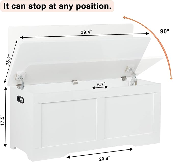 Timberer 39.4" Storage Chest, Wooden Storage Bench, Lift Top Toy Chest with 2 Safety Hinges, Large Toy Box, Entryway Bench for Living Room, Bedroom, White - Image 3