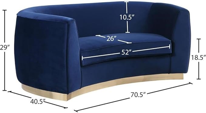 Meridian Furniture Julian Collection Modern | Contemporary Velvet Upholstered Loveseat with Stainless Steel Base in Rich Gold Finish, Navy, 70"L x 34"D x 28"H