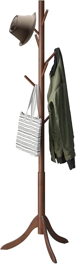 kiplant Bamboo Wood Coat Rack Stand, Freestanding Coat Tree with 8 Hooks, Hallway Entryway Hat Hanger Organizer Standing for Bedroom, Office, Clothes, Jackets, Bags, Umbrallas by kiplant