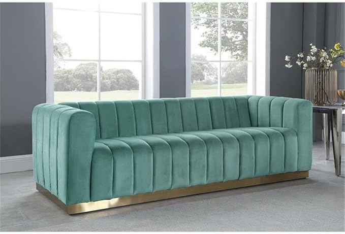 Meridian Furniture 603Mint-S Marlon Collection Modern | Contemporary Velvet Upholstered Sofa with Deep Channel Tufting, Stainless Steel Base in a Brushed Gold Finish, Mint, 86.5" W x 34" D x 28" H
