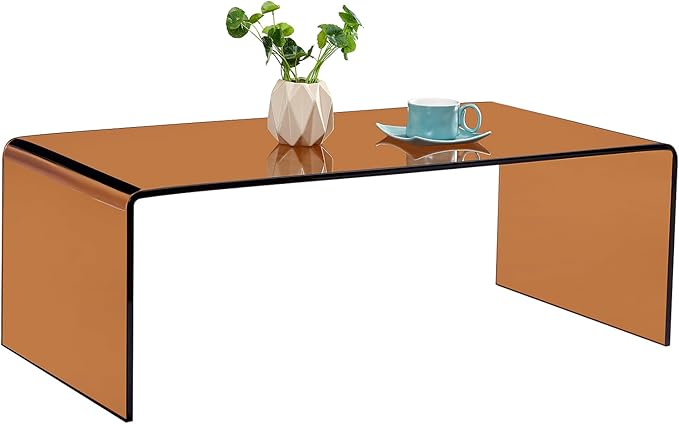 Glass Coffee Table, Modern Amber Coffee Tables for Living Room, Small Rectangle Tempered Glass Waterfall Sofa End Table, 39.4" x 19.7" x 13.78“